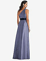 Alt View 3 Thumbnail - French Blue & Midnight Navy Draped One-Shoulder Satin Maxi Dress with Pockets