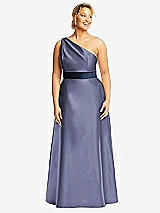 Front View Thumbnail - French Blue & Midnight Navy Draped One-Shoulder Satin Maxi Dress with Pockets