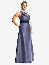Side View Thumbnail - French Blue & Midnight Navy Draped One-Shoulder Satin Maxi Dress with Pockets