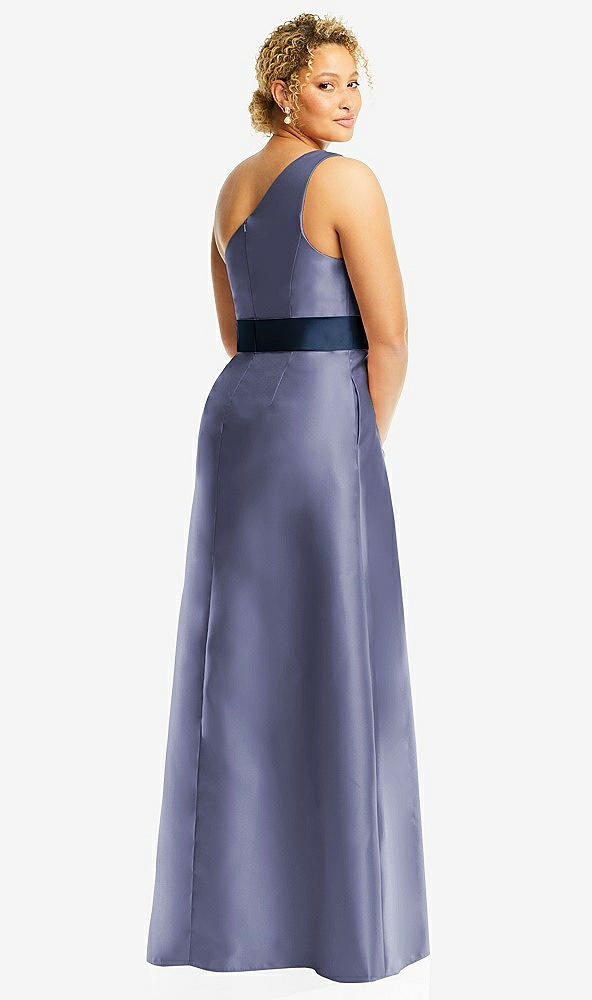Back View - French Blue & Midnight Navy Draped One-Shoulder Satin Maxi Dress with Pockets