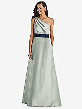 Alt View 1 Thumbnail - Willow Green & Midnight Navy Draped One-Shoulder Satin Maxi Dress with Pockets