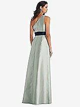 Alt View 3 Thumbnail - Willow Green & Midnight Navy Draped One-Shoulder Satin Maxi Dress with Pockets