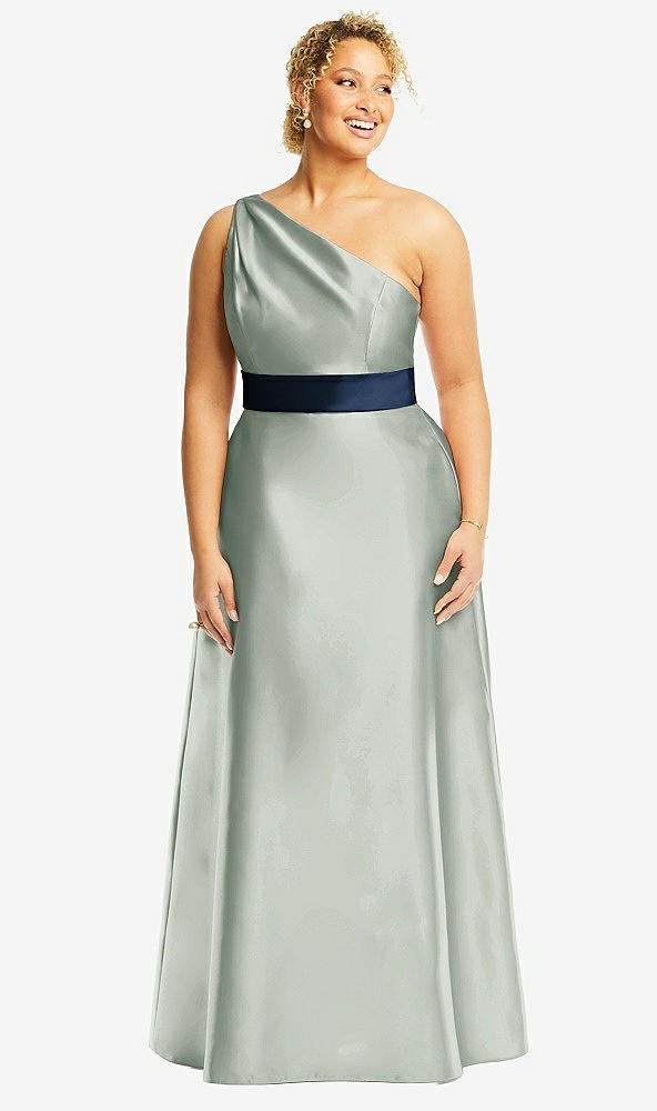 Front View - Willow Green & Midnight Navy Draped One-Shoulder Satin Maxi Dress with Pockets