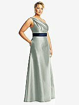 Side View Thumbnail - Willow Green & Midnight Navy Draped One-Shoulder Satin Maxi Dress with Pockets