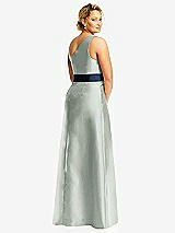 Rear View Thumbnail - Willow Green & Midnight Navy Draped One-Shoulder Satin Maxi Dress with Pockets