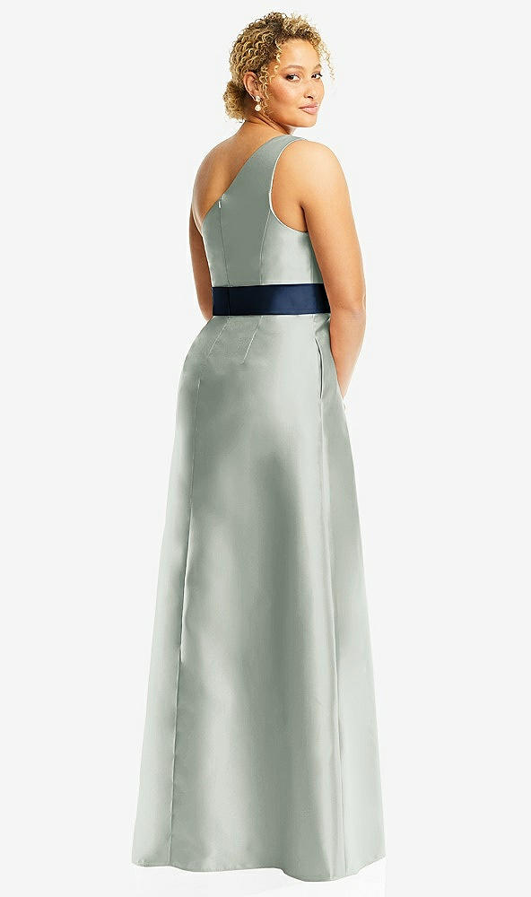 Back View - Willow Green & Midnight Navy Draped One-Shoulder Satin Maxi Dress with Pockets