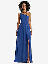 Front View Thumbnail - Classic Blue One-Shoulder Chiffon Maxi Dress with Shirred Front Slit