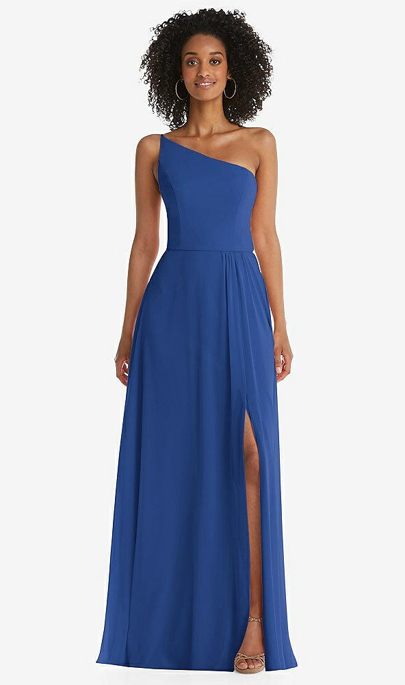 Front View - Classic Blue One-Shoulder Chiffon Maxi Dress with Shirred Front Slit