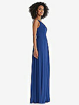 Side View Thumbnail - Classic Blue One-Shoulder Chiffon Maxi Dress with Shirred Front Slit