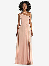 Front View Thumbnail - French Blue One-Shoulder Chiffon Maxi Dress with Shirred Front Slit