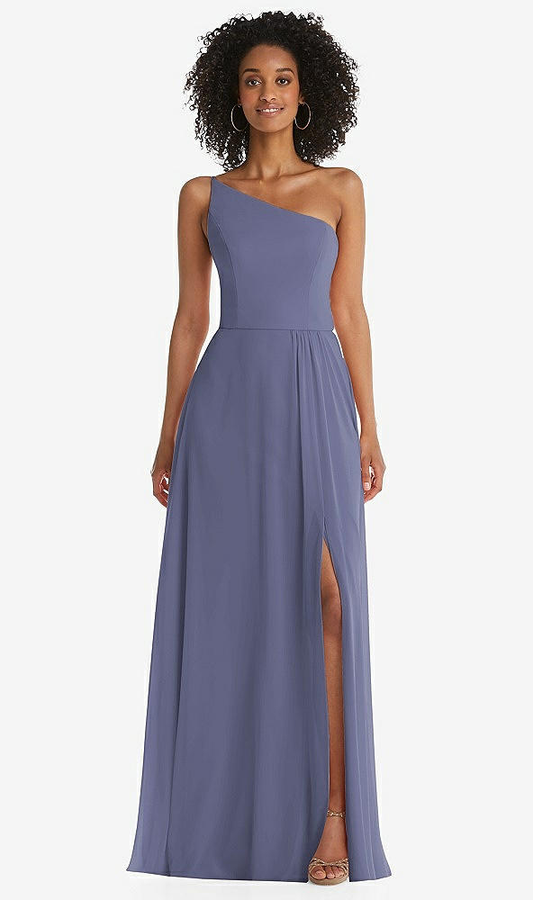 Front View - French Blue One-Shoulder Chiffon Maxi Dress with Shirred Front Slit