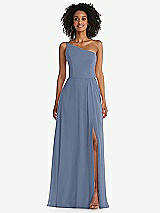 Front View Thumbnail - Larkspur Blue One-Shoulder Chiffon Maxi Dress with Shirred Front Slit