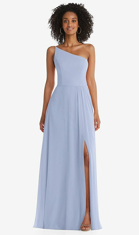 Front View - Sky Blue One-Shoulder Chiffon Maxi Dress with Shirred Front Slit