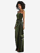 Side View Thumbnail - Olive Green Strapless Velvet Maxi Dress with Draped Cascade Skirt