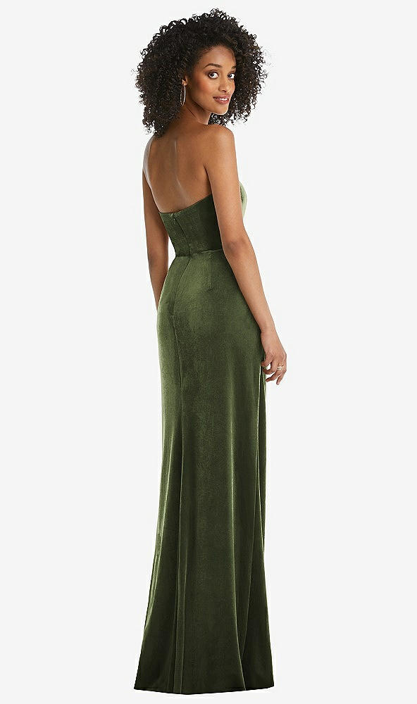 Back View - Olive Green Strapless Velvet Maxi Dress with Draped Cascade Skirt