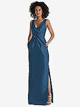 Front View Thumbnail - Dusk Blue Pleated Bodice Satin Maxi Pencil Dress with Bow Detail
