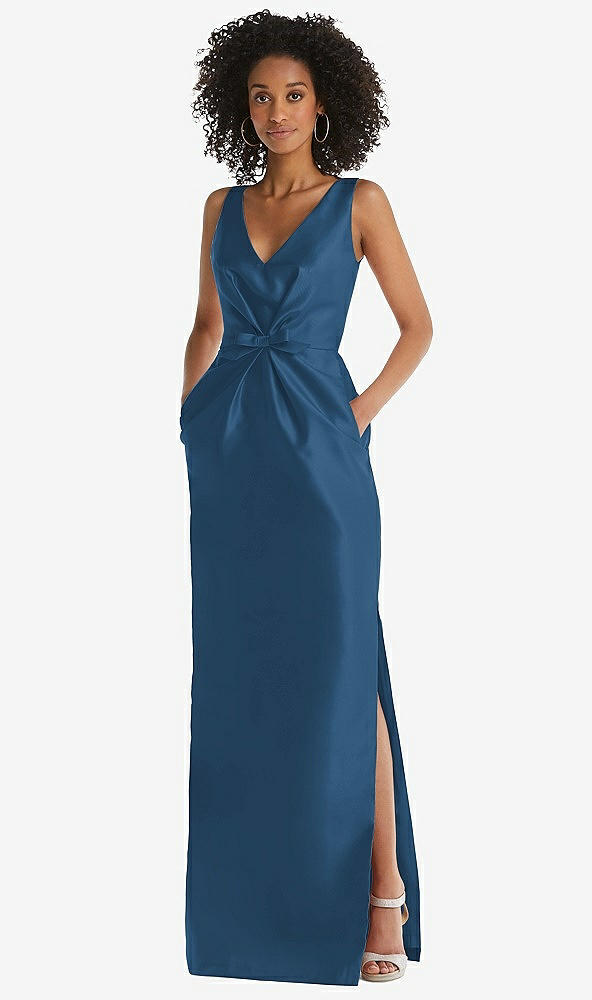 Front View - Dusk Blue Pleated Bodice Satin Maxi Pencil Dress with Bow Detail