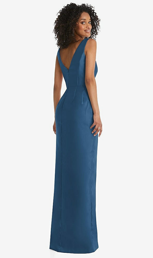 Back View - Dusk Blue Pleated Bodice Satin Maxi Pencil Dress with Bow Detail