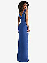 Rear View Thumbnail - Classic Blue Pleated Bodice Satin Maxi Pencil Dress with Bow Detail