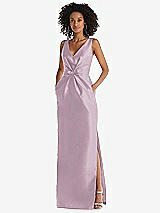 Front View Thumbnail - Suede Rose Pleated Bodice Satin Maxi Pencil Dress with Bow Detail