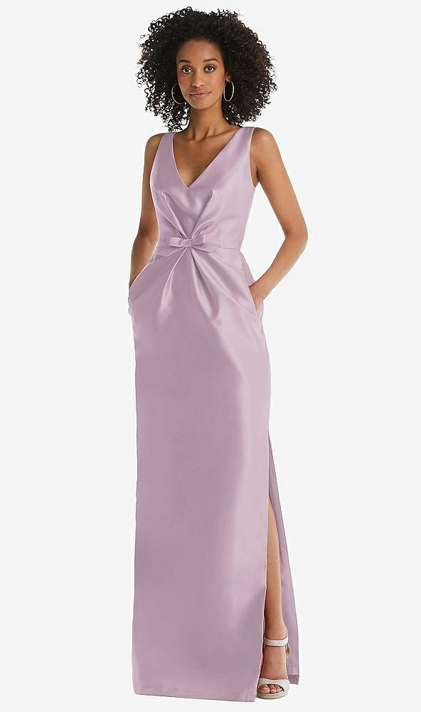 Front View - Suede Rose Pleated Bodice Satin Maxi Pencil Dress with Bow Detail