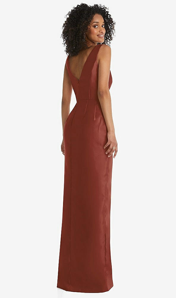 Back View - Auburn Moon Pleated Bodice Satin Maxi Pencil Dress with Bow Detail