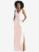 Front View Thumbnail - Blush Pleated Bodice Satin Maxi Pencil Dress with Bow Detail