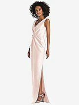Side View Thumbnail - Blush Pleated Bodice Satin Maxi Pencil Dress with Bow Detail