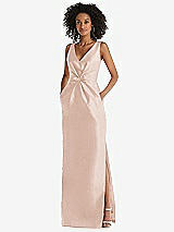 Front View Thumbnail - Cameo Pleated Bodice Satin Maxi Pencil Dress with Bow Detail