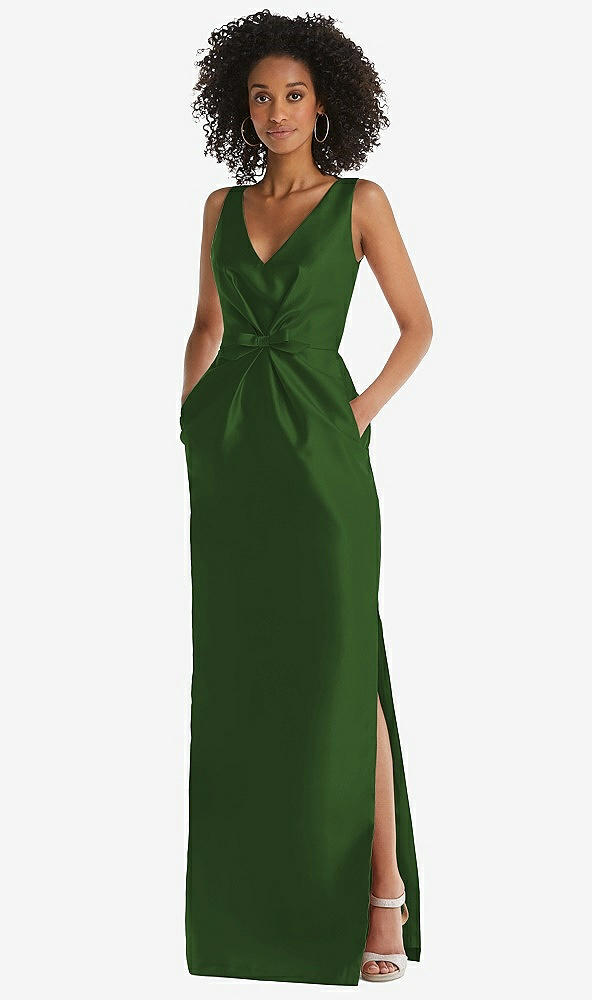 Front View - Celtic Pleated Bodice Satin Maxi Pencil Dress with Bow Detail