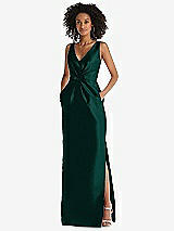 Front View Thumbnail - Evergreen Pleated Bodice Satin Maxi Pencil Dress with Bow Detail