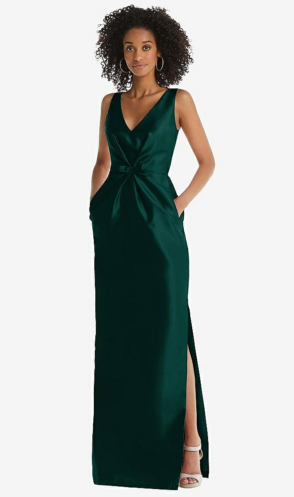 Front View - Evergreen Pleated Bodice Satin Maxi Pencil Dress with Bow Detail
