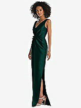 Side View Thumbnail - Evergreen Pleated Bodice Satin Maxi Pencil Dress with Bow Detail