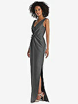 Side View Thumbnail - Gunmetal Pleated Bodice Satin Maxi Pencil Dress with Bow Detail