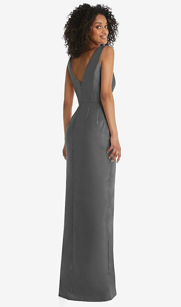 Back View - Gunmetal Pleated Bodice Satin Maxi Pencil Dress with Bow Detail