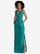 Front View Thumbnail - Jade Pleated Bodice Satin Maxi Pencil Dress with Bow Detail