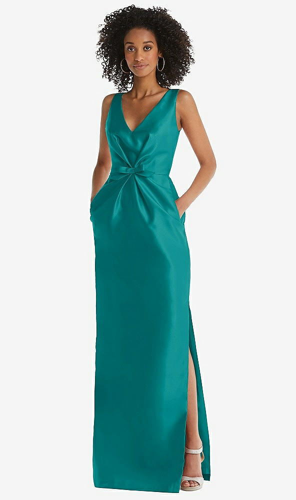 Front View - Jade Pleated Bodice Satin Maxi Pencil Dress with Bow Detail