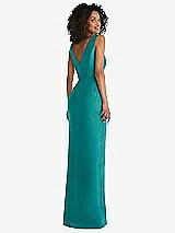 Rear View Thumbnail - Jade Pleated Bodice Satin Maxi Pencil Dress with Bow Detail