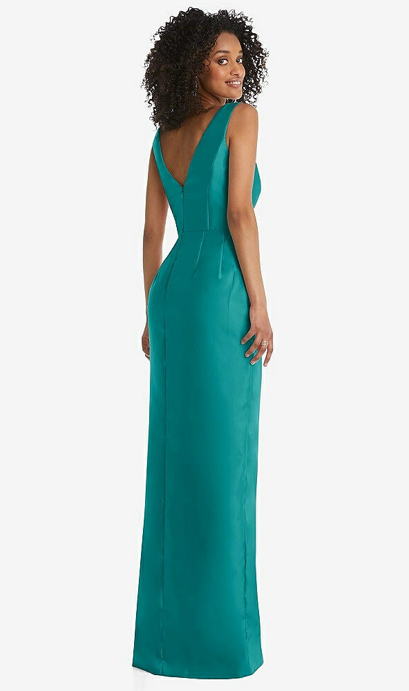 Back View - Jade Pleated Bodice Satin Maxi Pencil Dress with Bow Detail