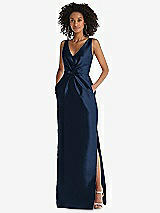 Front View Thumbnail - Midnight Navy Pleated Bodice Satin Maxi Pencil Dress with Bow Detail