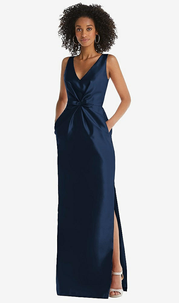 Front View - Midnight Navy Pleated Bodice Satin Maxi Pencil Dress with Bow Detail