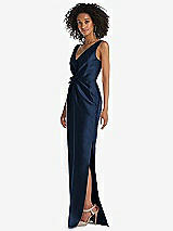 Side View Thumbnail - Midnight Navy Pleated Bodice Satin Maxi Pencil Dress with Bow Detail