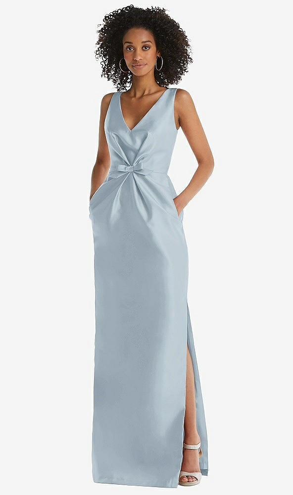 Front View - Mist Pleated Bodice Satin Maxi Pencil Dress with Bow Detail
