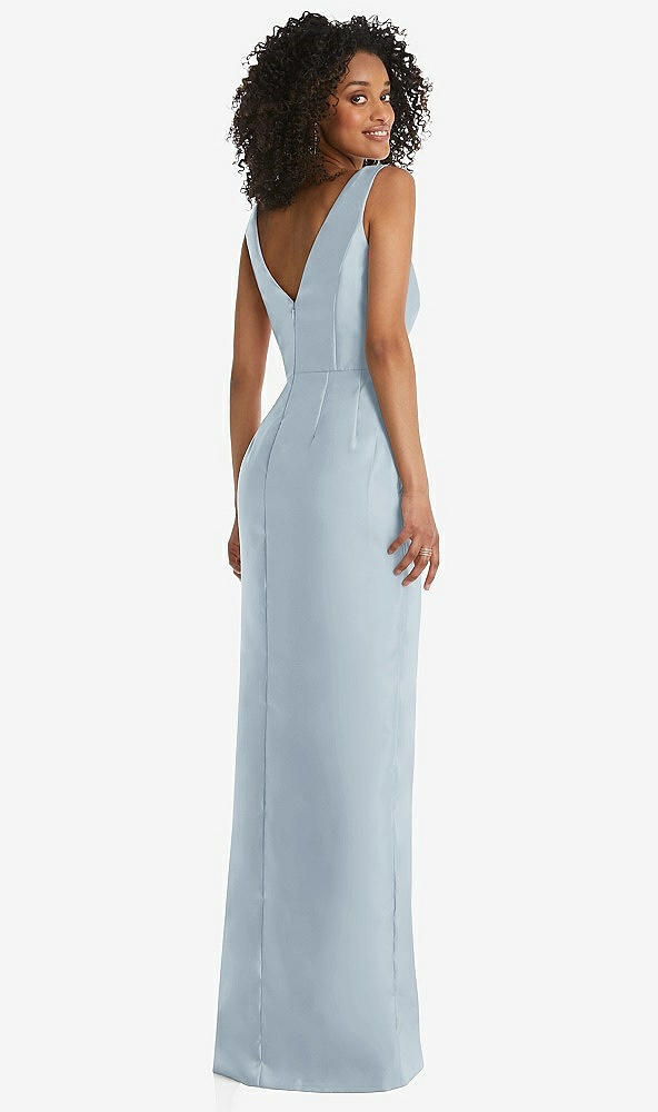 Back View - Mist Pleated Bodice Satin Maxi Pencil Dress with Bow Detail