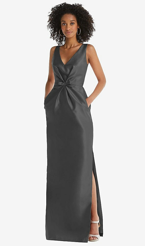 Front View - Pewter Pleated Bodice Satin Maxi Pencil Dress with Bow Detail