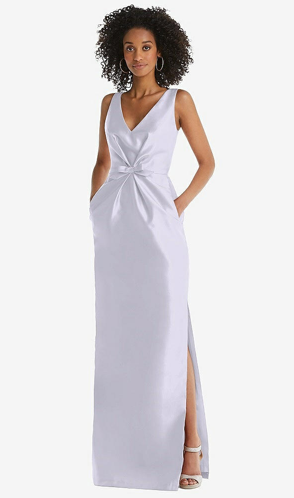 Front View - Silver Dove Pleated Bodice Satin Maxi Pencil Dress with Bow Detail