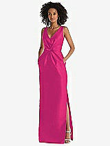 Front View Thumbnail - Think Pink Pleated Bodice Satin Maxi Pencil Dress with Bow Detail