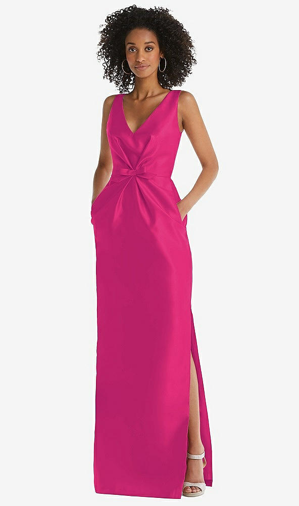 Front View - Think Pink Pleated Bodice Satin Maxi Pencil Dress with Bow Detail