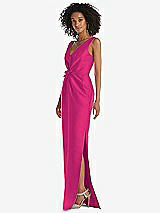 Side View Thumbnail - Think Pink Pleated Bodice Satin Maxi Pencil Dress with Bow Detail