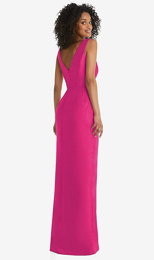 Back View - Think Pink Pleated Bodice Satin Maxi Pencil Dress with Bow Detail